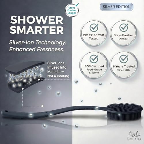 Avilana Silicone Body Scrubber for Shower – SGS Certified Food Grade Dual Sided Bath Brush, Gentle Exfoliating Silicone Loofah Alternative, Sensitive Skin Body Brush (Dark Gray-Silver, Long Handle) - color: Dark Gray-silver, size: 19 inches