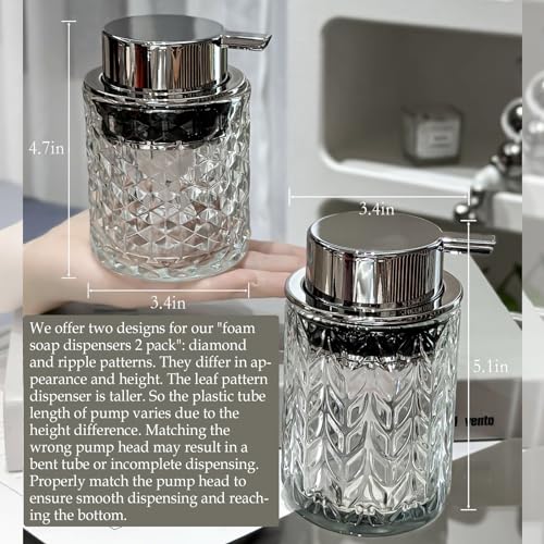 CICUFY Foaming Soap Dispenser 2 Pack, Foam Hand Soap Dispenser for Bathroom Kitchen Liquid Refillable Clear Glass Bottles with Silver Pump(Diamond Pattern-Clear) - color: Clear-2 Pcs, style: Foam/Diamond Leaf Pattern/Silver Top