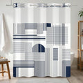 No Hook Geometric Shower Curtain with Snap in Liner, 71x74 Inch | Navy Blue Modern Line Pattern Shower Curtains for Contemporary Bathroom, Mesh Top Window Waterproof Washable Fabric - color: Dark Blue