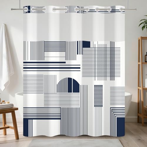 No Hook Geometric Shower Curtain with Snap in Liner, 71x74 Inch | Navy Blue Modern Line Pattern Shower Curtains for Contemporary Bathroom, Mesh Top Window Waterproof Washable Fabric - color: Dark Blue