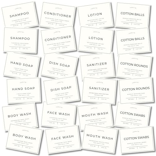Verute Waterproof Labels for Amber Glass Soap Dispenser and Plastic Bottles 3.15"x2.35" Peel & Stick - Kitchen, Bathroom & Shower Set - 24 Pieces (White) - color: White