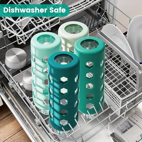Mrsdry Glass Juice Bottles with Lids and Silicone Sleeves 18 oz, 4-Pack Reusable Clear Glass Water Bottles with Stainless Steel Airtight Cap for Juicing, Refrigerator, BPA Free Leak-Proof Drinking Jar - color: Green