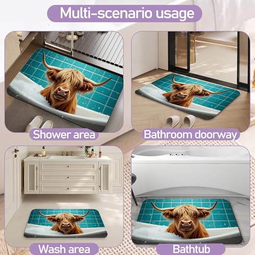 Funny Highland Cow Bathroom Rugs, Fast-Absorbing Bath Mat, Quick-Dry Non-Slip Thin Rug for Bathroom Floor Kitchen 17"x30" - color: Funny Highland Cow