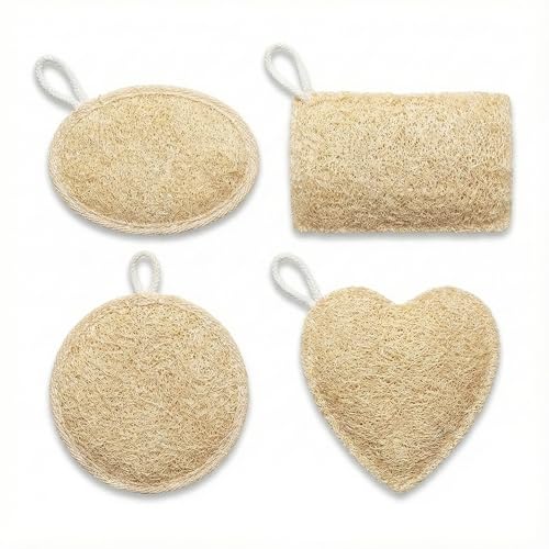 MIMPER 100% Natural Loofah Body Scrubber Sponge Set of 4 for Body Exfoliation | Eco-Friendly Biodegradable Bath Scrubber Shower & Spa Use – Plastic-Free | Heart, Oval, Rectangle & Round Shapes For All