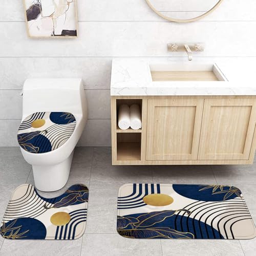 FZDHHY 4Pcs Blue Shower Curtain Set, Boho Bathroom Sets, Bamboo Leaf Bathroom Shower Bathroom Sets with Shower Curtain and Rugs, Shower Curtain with 12 Hooks