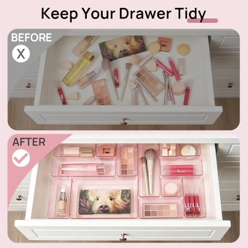 Vtopmart 25 PCS Plastic Drawer Organizers Set, 4-Size Versatile Bathroom and Vanity Drawer Organizer Trays, Storage Bins for Makeup, Bedroom, Kitchen Gadgets Utensils and Office - color: Clear Rose Glod