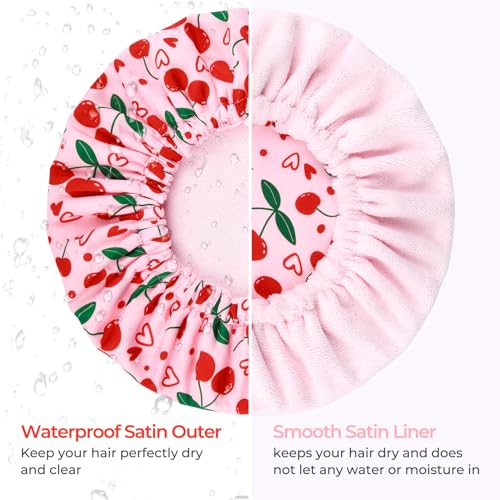 Shower Cap for Women Terry Lined Bath Cap Large Reusable Waterproof Elastic Band Pink Cherry Shower Caps for Long Thick Hair Soft Bath Shower Hair Caps - color: Pink Cherry Heart