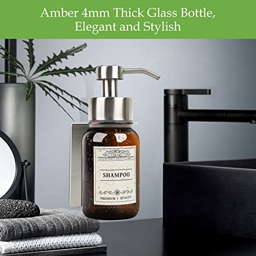 2Pack 8.5oz Brown Glass Bathroom Shampoo Dispenser, Silver Mount | Drill or no-drill setup with screws & adhesive patches; leakproof conditioner pumps for shower or RV. - color: Silver Set of 2