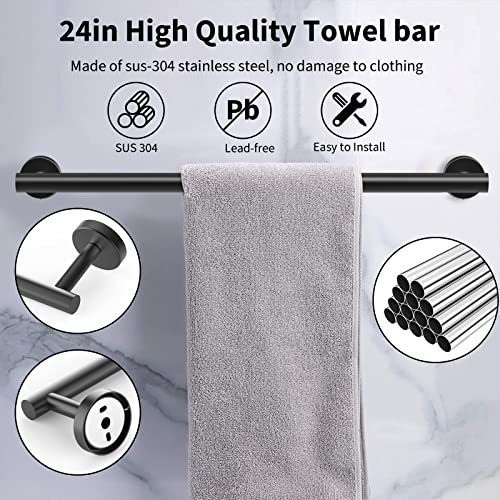 Newfun 10 Pieces Matte Black Bathroom Hardware Set - Includes 24 inch Towel Bar, Robe Hook, Toilet Paper Holder, Stainless Steel Bathroom Accessories Set for Bathroom Wall Mounted - color: Matte Black
