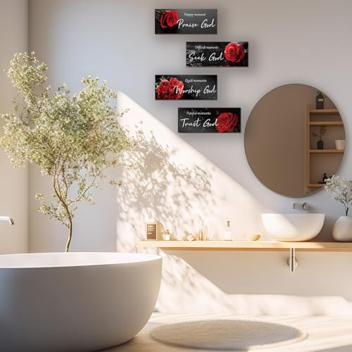 ONIZHITY 4 Pcs Red Bathroom Decor Religious Wall Art Bible Verse Inspirational Red Rose Wall Decor Rustic Flower Wooden Christian Sign for Home Bathroom Office Bedroom Living Room Kitchen(10x4) - color: Red Rose