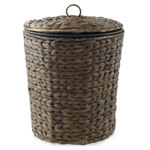 Casafield Water Hyacinth Trash Can with Lid and Liner - Espresso Brown, Woven Wicker Waste Basket for Bathroom, Bedroom, Laundry Room, Home Office