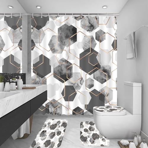 4Pcs Gray White Geometric Shower Curtain Set, Neutral Modern Art Deco Shower Curtain with Hooks, Elegant Trendy Simple Bathroom Sets with Shower Curtain and Rugs, 71 * 71in - color: Grey