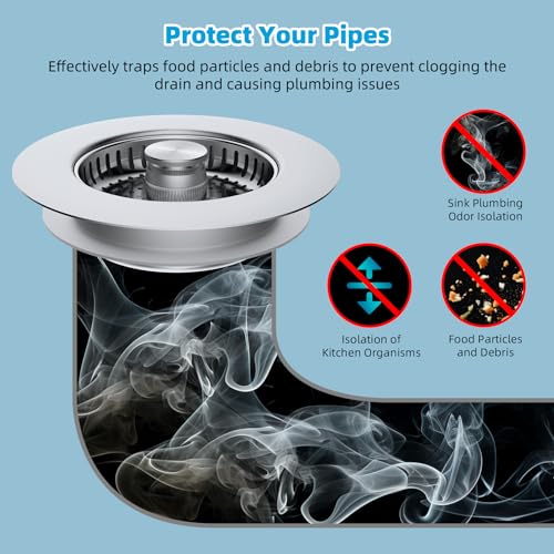 Hibbent All Metal Stainless Steel 3 in 1 Kitchen Sink Drain Strainer, Upgraded Anti-Rust Sink Stop Combo, Anti-Clogging Stainless Steel Basket Strainer with Metal Handle for US Standard 3-1/2" Drain