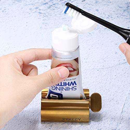 XYKEEY Toothpaste Tube Squeezer - Set of 2 Toothpaste Squeezer Rollers, Metal Toothpaste Tube Wringer Seat Holder Stand (Matt Gold) - color: Matt Gold