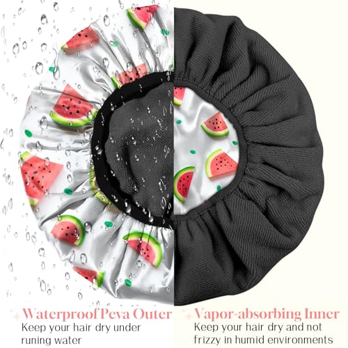 Luxury Shower Cap Terry Cloth Lined EVA Waterproof Reusable Triple Layer Elastic Hair Bath Caps for Women Girls Cute (C18-Watermelon) - color: C18-Watermelon