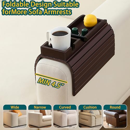 Bamboo Couch Cup Holder Arm Tray Table，Foldable Couch Drink Holder Armrest Table，Sofa Arm Rest Tray，Flexible Arm Chair Table Recliners for Drink,Cups, Snacks, Phone, Remote (Mahogany) - color: Mahogany