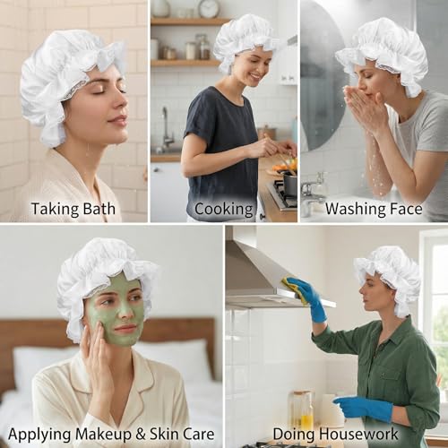 Shower Cap for Women, Reusable Waterproof Shower Cap, White Lace Trim Bath Caps for Long Curly Thick Hair, Hair Caps with Soft Elastic for Showers, Skincare, Cooking, Spa and Travel Use
