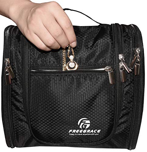 Freegrace Extra Large Hanging Toiletry Bag for Men and Women - Water-Resistant Nylon Travel Bathroom Organizer for Cosmetics, Makeup, and Toiletries - color: Black