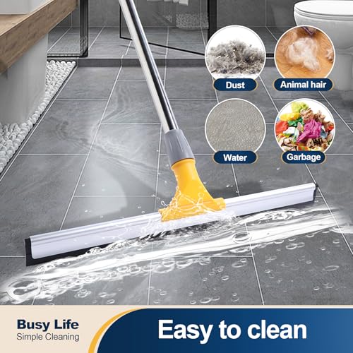 Yocada Rubber Floor Squeegee 17.7" TPR Blade Scrubber Broom 61.8inch Pole | Household Broom for Garage Courtyard Shower Bathroom Floor Marble Glass Tile Water Foam Pet Hair Removal Cleaning