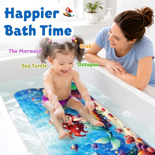 XIYUNTE Baby Bath Mat for Tub Non Slip Kids Bath Mat - 40''x16'' Extra Long Cartoon Bathtub Mat Non Slip Kids Shower Mat Eco-Friendly Toddler Bath Mats with Suction Cups, Machine Washable, Mermaid - color: K-mermaid