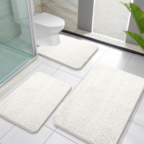 OLANLY Bathroom Rugs Sets 3 Piece, Soft Absorbent Chenille Bath Mats and U-Shaped Contour Toilet Rug, Quick Dry, Home Decor Accessories, Bath Mat Set for Bathroom (30"x20"+24"x16"+24"x20", Ivory) - color: Ivory, size: 30" X 20" + 24" X 16" + U24" X 20"