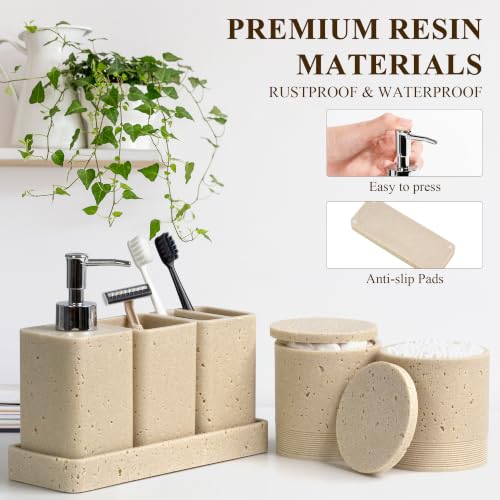 Bathroom Accessories Set, 6 Piece Bathroom Set with Toothbrush Holders, Soap Dispenser, Vanity Tray, Tumbler, Cotton Swab Jars, Bathroom Organizer for Bathroom，Bathroom Sink Sets Travertine Beige - color: Travertine Beige