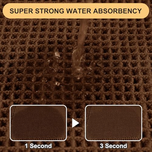Waffle Bath Mat Set 2 Piece, Boho Woven Modern Bath Rug Absorbent Non Slip, Ultra Soft Bathroom Mats, Machine Washable Knit Bath Rugs with Tassels for Bathroom, Bedroom, Kitchen, Shower, Tub, Brown - color: Brown-looped, size: 24" x 17" + 5' x 2'(2-Piece
