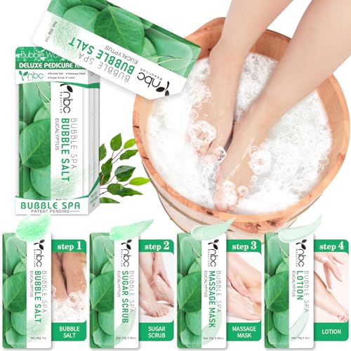 Pedicure Kit Foot Soak Set: Bubble Salt, Sugar Scrub, Massage Mask, Massage Lotion in a Box, 4 Step Foot Spa Kit for Dry Feet,Tired Feet (1 Set Eucalyptus)