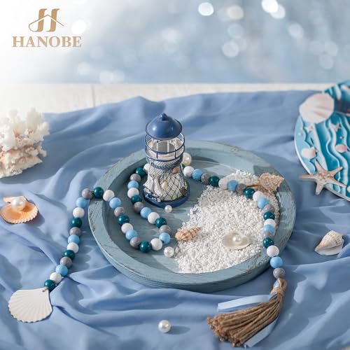 Hanobe Beach Decor Decorative Tray: Farmhouse Coastal Tray for Nautical Themed Decorations Coffee Table - Round Wooden Trays Ocean Style for Bathroom Countertop Centerpiece Rustic Blue - color: Blue