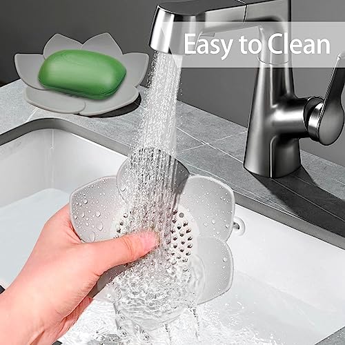 4 Pack Silicone Soap Dishes with Draining, Lotus Flowers Bar Soap Holder for Shower, Soap Saver for Counter, Bathtub, Kitchen Sink (White/Gray/Blue/Pink) - color: White/Grey/Blue/Pink