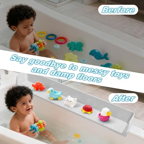 Bathtub Splash Guard for Kids,2.6 FT Silicone Bathtub Play Shelf with 11 Suction Cups, Bath Tub Ledge Shelf for Kids, Prevents Water Spills in Bathroom (Grey) - color: Grey