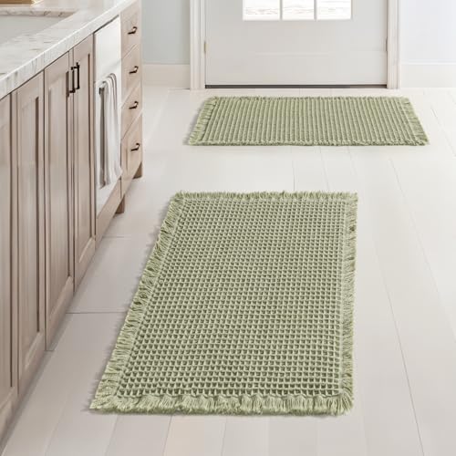 MIULEE Set of 2 Waffle Bathroom Rugs, Boho Bath Rugs Non Slip Washable, Super Absorbent Bath Mats, Ultra Soft Rubber Backed Shower Mats for Bathroom Floor, Tub and Shower, Sage Green, 17x24 Inch - color: Sage Green, size: 17''x24''
