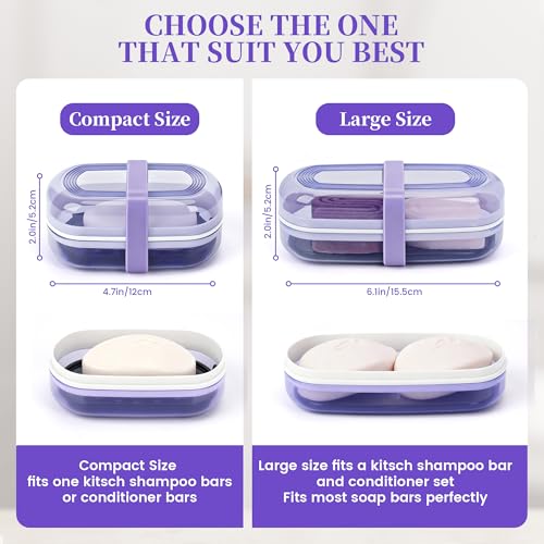 Shampoo Bar Holder and Soap Case, Leakproof Travel Container with Lid & Drain Tray, Includes Silicone Strap and Soap Bag, Compatible with Kitsch Solid Shampoo & Conditioner Bars(Grape Purple, Large) - color: Grape Purple Style A-large