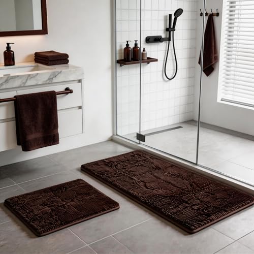 RUN HELIX Bathroom Rugs Set Non Slip 2 Piece Bath Rugs Extra Soft Chenille Bathroom Mats Bath Mat Set,Absorbent Shaggy Rugs Perfect Plush Mats Small Rug - color: Brown, size: 32"L x 20"W + 24"L x 16"W