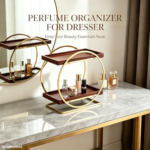 2-Tier Bathroom Counter Organizer, Wood Bathroom Organizer for Vanity Makeup Skincare Cologne Storage, Bamboo Perfume Organizer for Dresser, Countertop Shelf for Bathroom Kitchen, Gold & Brown - color: Gold and Wood