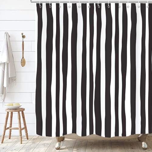 Black and White Extra Long Shower Curtain, Striped Boho Minimalist Modern Waterproof Fabric Machine Washable for Bathroom Bathtub with Hooks 72Wx84H - color: Black and White, size: 72"W x 84"L (Pack of 1)