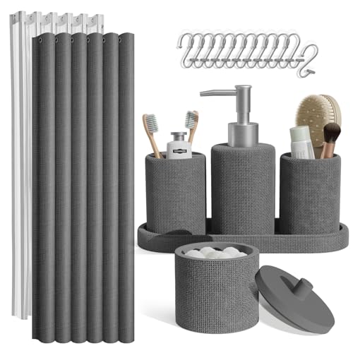 Clara Clark Bathroom Set - Grey Bathroom Accessories Set, 19PC Bathroom Accessory Set, Bathroom Sets with Shower Curtain Set, Soap Dispenser & Toothbrush Holder - color: Grey, size: Complete Set