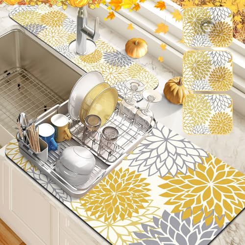 Findosom 2PCS 16" x 24" Fall Dish Drying Mat & 24" x 5.5" Sink Splash Guard, Super Absorbent & Cuttable Dish Mat Drying Kitchen Mat with Yellow Floral, Hide Stain Drying Mat for Kitchen Counter - color: Yellow, size: 16" X 24" + 24" X 5.5"
