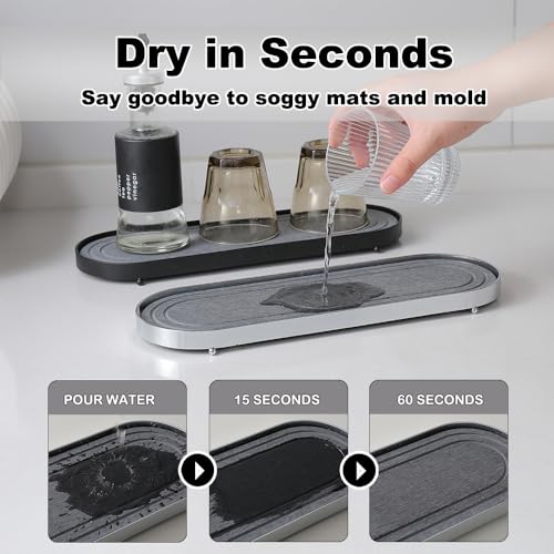 Water Absorbing Stone Tray, Fast Drying Diatomite Stone Sink Tray for Bathroom Sink & Kitchen Counter Faucet Organizer, Soap Dish Dispenser Vanity Organizer,Black Metal Frame-12 x4 - color: Dark Grey-hk
