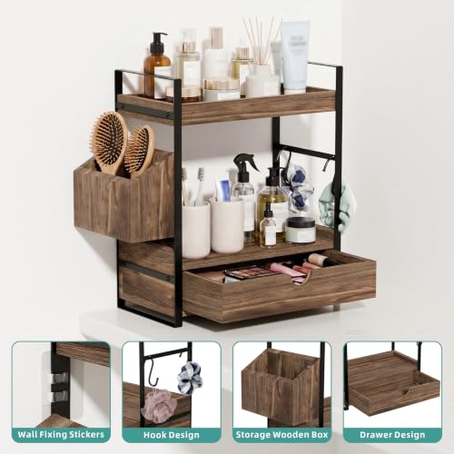Kottwca 2-Tier Bathroom Counter Organizer with Drawer, Basket & Hooks, Wooden Vanity Shelf for Skincare, Perfume & Makeup Storage(Dark Brown) - color: Dark Brown