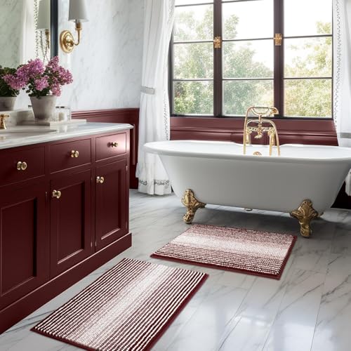 Bathroom Rugs and Mats Sets, 2 Piece Thick Absorbent Chenille Bath Mat Rug Set Non Slip, Soft Shaggy Bath Room Floor Mats for Bathroom, Machine Washable (Burgundy Red, 20" x 32" Plus 16" x 24") - color: Burgundy Red, size: 20" x 32" Plus 16" x 24"
