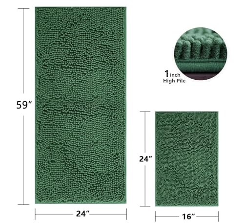 BOANKODU Bathroom RugsSets 2 Piece，59X24+16X24Inch，Absorbent Non-Slip Very Soft Chenille Mat,Machine Washable（Dark Green） - color: Dark Green, size: 59" x 24" + 16" x 24" (Rectangular)