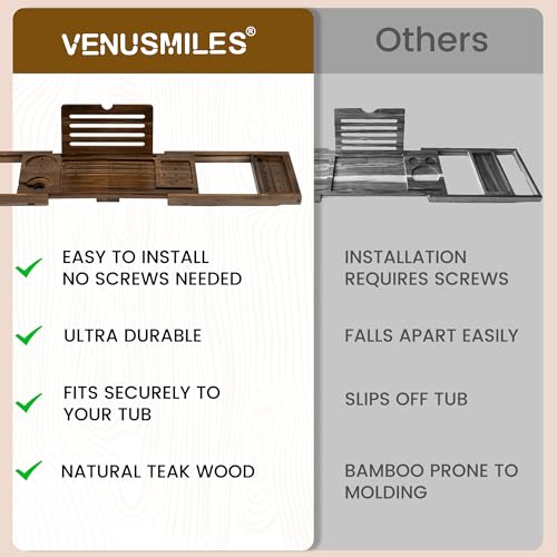 Venusmiles Teak Bathtub Tray Caddy, Foldable Bath Tray with Expandable Handles, Wine Glass and Phone Holders, Book Stand, for Home Spa Relaxation, Luxury Bathroom Accessories - Dark Walnut Color - color: Dark Walnut
