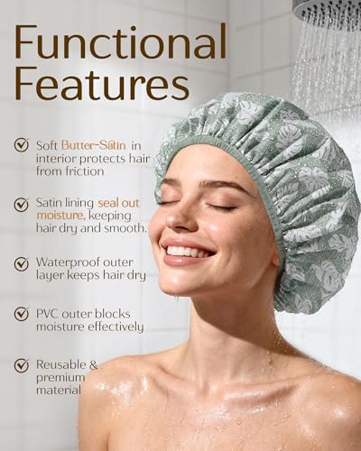 Yanibest Shower Cap for Women - Frizz Free Satin Lined Shower Cap Waterproof Large Double Layer Reusable with Soft Elastic Band for Braids Long Hair - color: Green