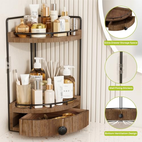 2-Tier Corner Bathroom Counter Organizer with Drawer & Embedded Screw Holes - Wooden Countertop Organizers for Skincare, Makeup Storage, Bathroom Sink Counter Shelf for Vanity, Dark Brown - color: Dark Brown