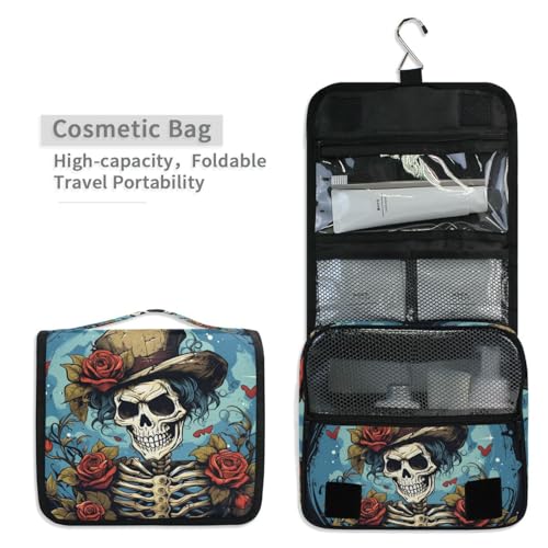 MNSRUU Hanging Toiletry Bag Gothic Skull Rose Travel Makeup bag for Toiletries Portable Travel Toiletry Organizer Cosmetic Bags with Hanging Hook - color: Skull I 4103