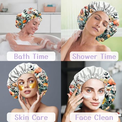 Luxury Shower Cap Silk Satin Lined Waterproof Reusable Adjustable Elastic Dry Hair Bathing Caps Cute for Women Girls-Floral Leaf - color: C-3-Floral Leaf