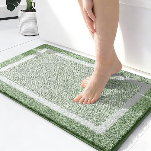 OLANLY Small Bathroom Rugs 24x16, Extra Soft and Absorbent Microfiber Bath Rugs, Non-Slip, Machine Washable, Quick Dry Shaggy Bath Carpet, Bath Mats for Bathroom Floor, Tub, Shower, Sage Green - color: Sage Green and White, size: 24" X 16"