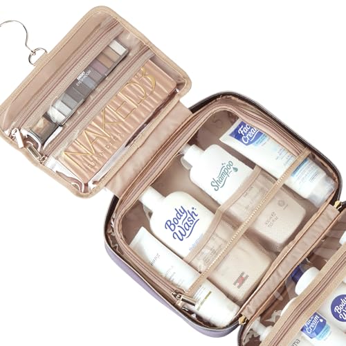 NISHEL Travel Toiletry Bag for women, Portable Hanging Organizer for Full-Sized Shampoo, Conditioner, Brushes Set, Makeup Accessories, Large Size, Purple - color: Purple, size: Large