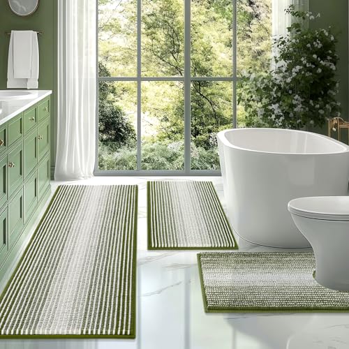BSICPRO Bathroom Rugs Sets 3 Piece, Toilet Rugs U-Shaped Contour Bath Mat Set, Long Striped Absorbent Non Slip Chenille Shower Mat, Sage - color: Sage, size: 20"x47"+16"x24"+ U Shape 20"x24"